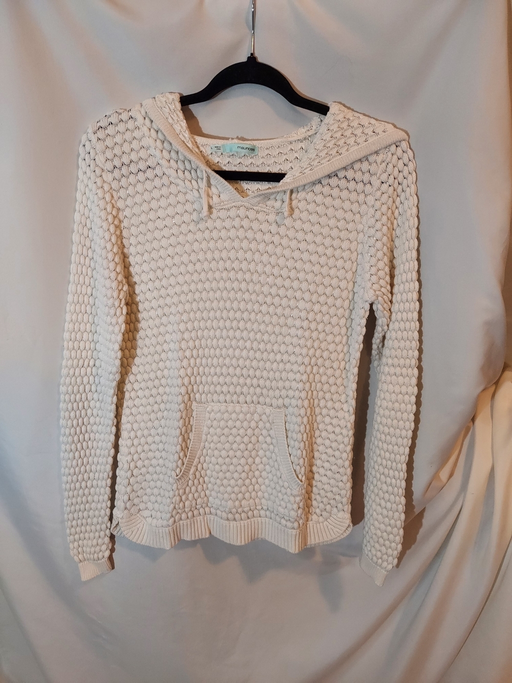 Maurices Cream Open Knit Hooded Sweater Size L Honeycomb Crochet Knit